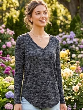 Aritzia Wilfred Free Women's V-Neck Long Sleeve Slim Fit Jersey Top M Black gray